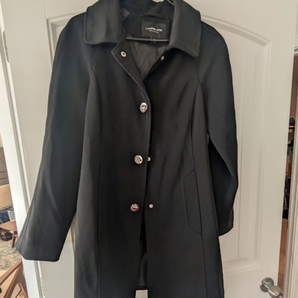 London Fog Black Trench Coat with Removable Hood – Size Medium